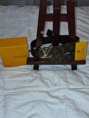 Louis Vuitton Brown Monogram Canvas Belt with Gold LV Buckle Some Distress